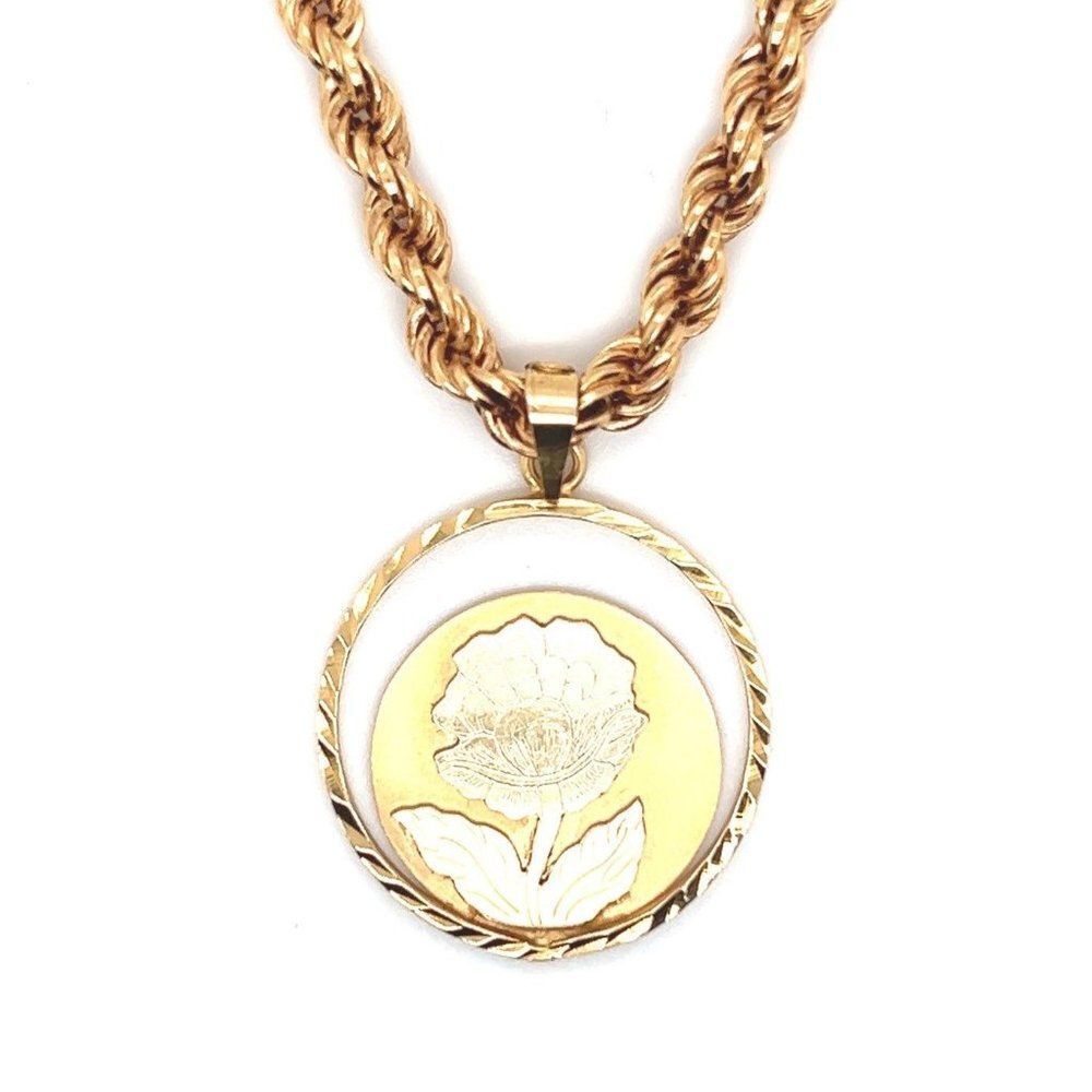 14k Thick Rope Rose‎ Flower Disc Pendant Necklace